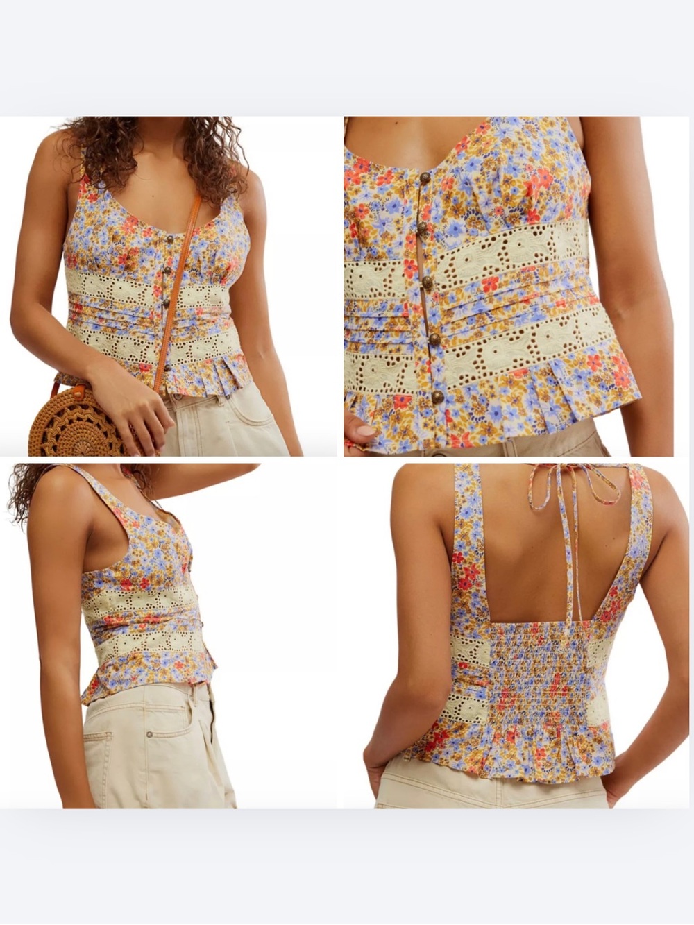 NWT Free People Kiana Floral Eyelet Peplum Tank Smocked Boho Top Small - Picture 5 of 16
